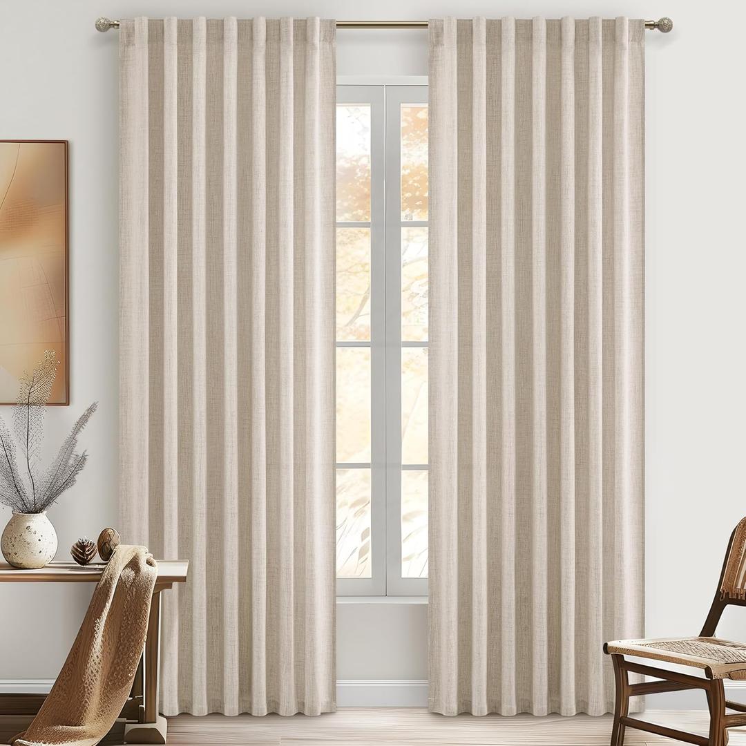 Thick Linen Curtains for Sliding Glass Doors 90 inches long 2 Panels Set, Neutral Light Filtering Sheers Closet Pleated Curtains Elegantes Window Drapes Privacy Back Tab Patio Doors Inside (52"Wx90"L)