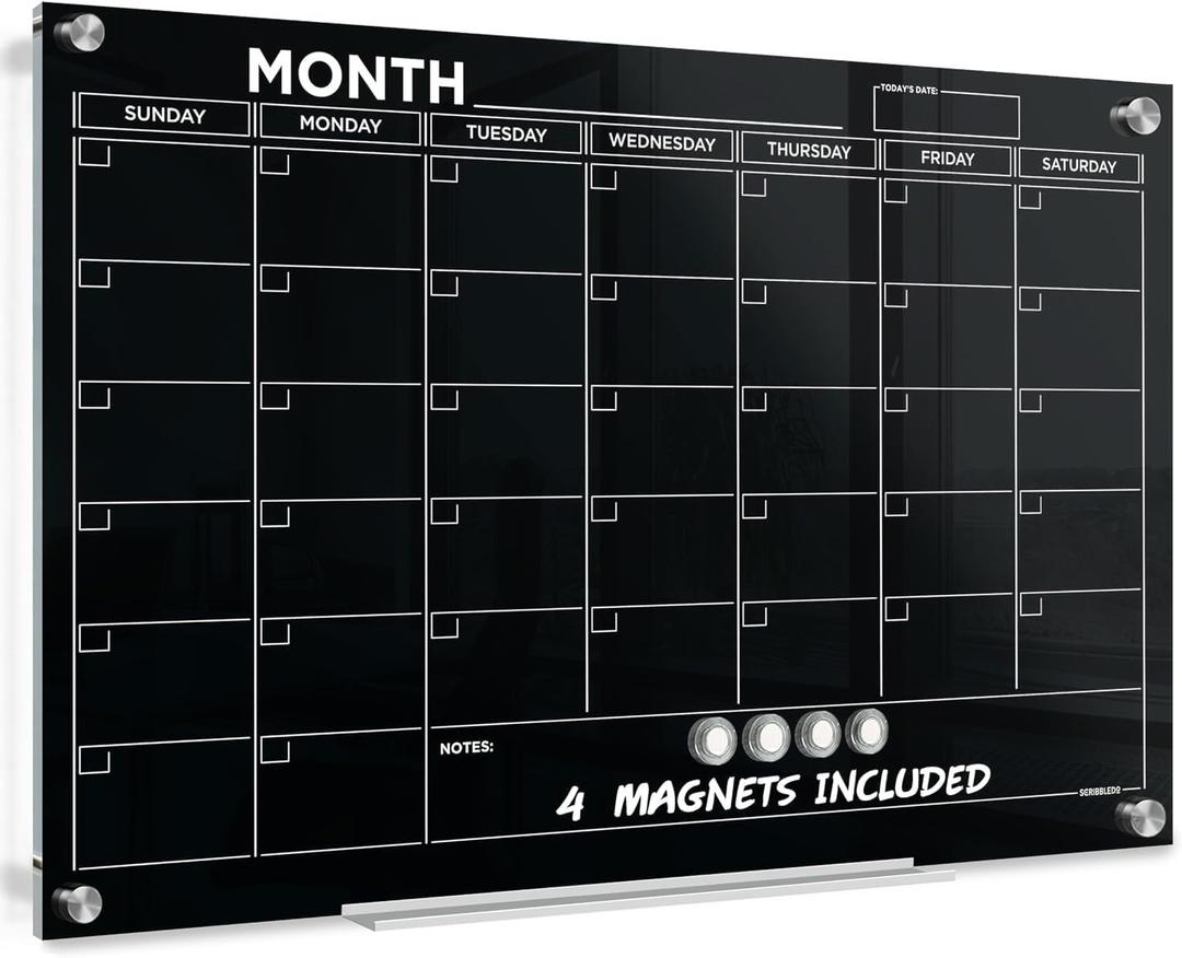 Black 24x36 Magnetic Glass Whiteboard Calendar Planner White Board Undated Dry Erase Board Dry Erase Calendar for Wall Monthly Glass Whiteboard Home Office Large Wall Month Planner