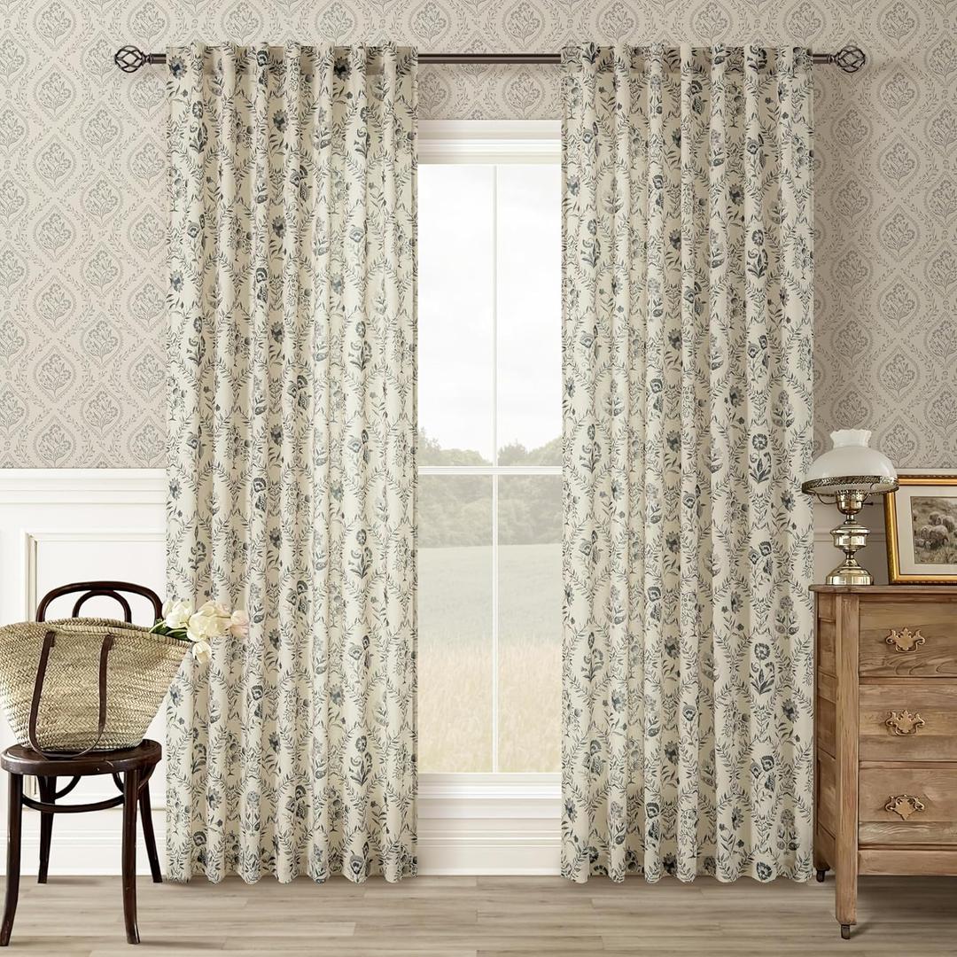 Floral Linen Curtains 84 Inch Length for Living Room Charcoal Green Black Plant Flower Patterned Curtains Printed Vintage Rustic Farmhouse Country Shabby Chic Bedroom Drapes 84 Inches Long (52"W x 84"L (Pack of 2))