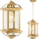 Gold Outdoor Pendant Light for Porch Fully Enclosed, 16 Inch Large Exterior Hanging Light Aluminum Made Anti-Corrosion Outside Ceiling Mount Lights Brass Chandelier Entry Light, E26