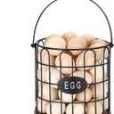 7'' Farmhouse Egg Basket for Gathering Fresh Eggs, Metal Egg Holder Countertop for Chicken Eggs, Round Metal Wire Basket with Handle & Wooden Base, Vintage Kitchen Decor(Style 1-Straight)