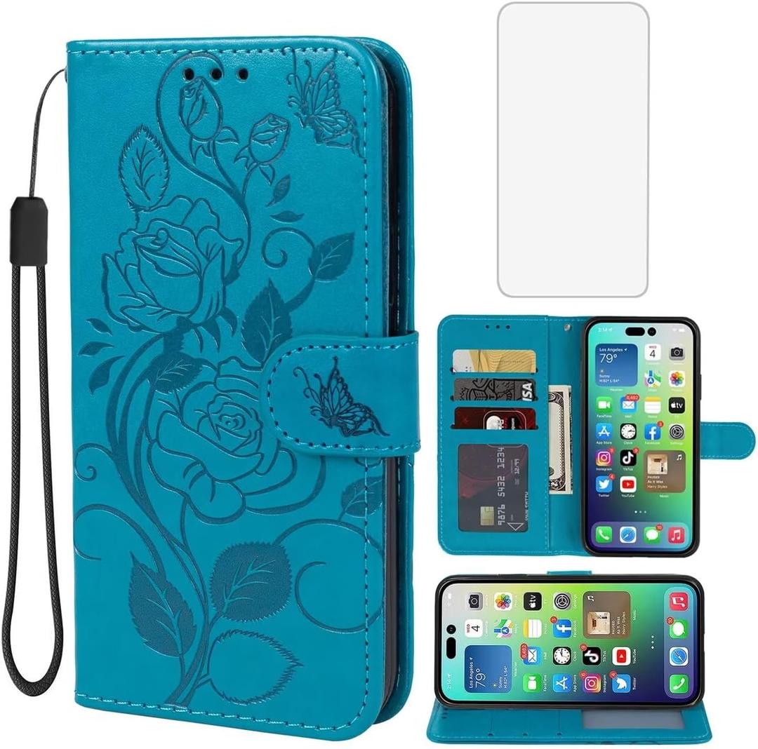 Case for iPhone 14 Pro Max Wallet Case with Tempered Glass Screen Protector, Flower Leather Flip Credit Card Holder Stand Phone Cover Cases for iPhone 14 Pro Max Blue