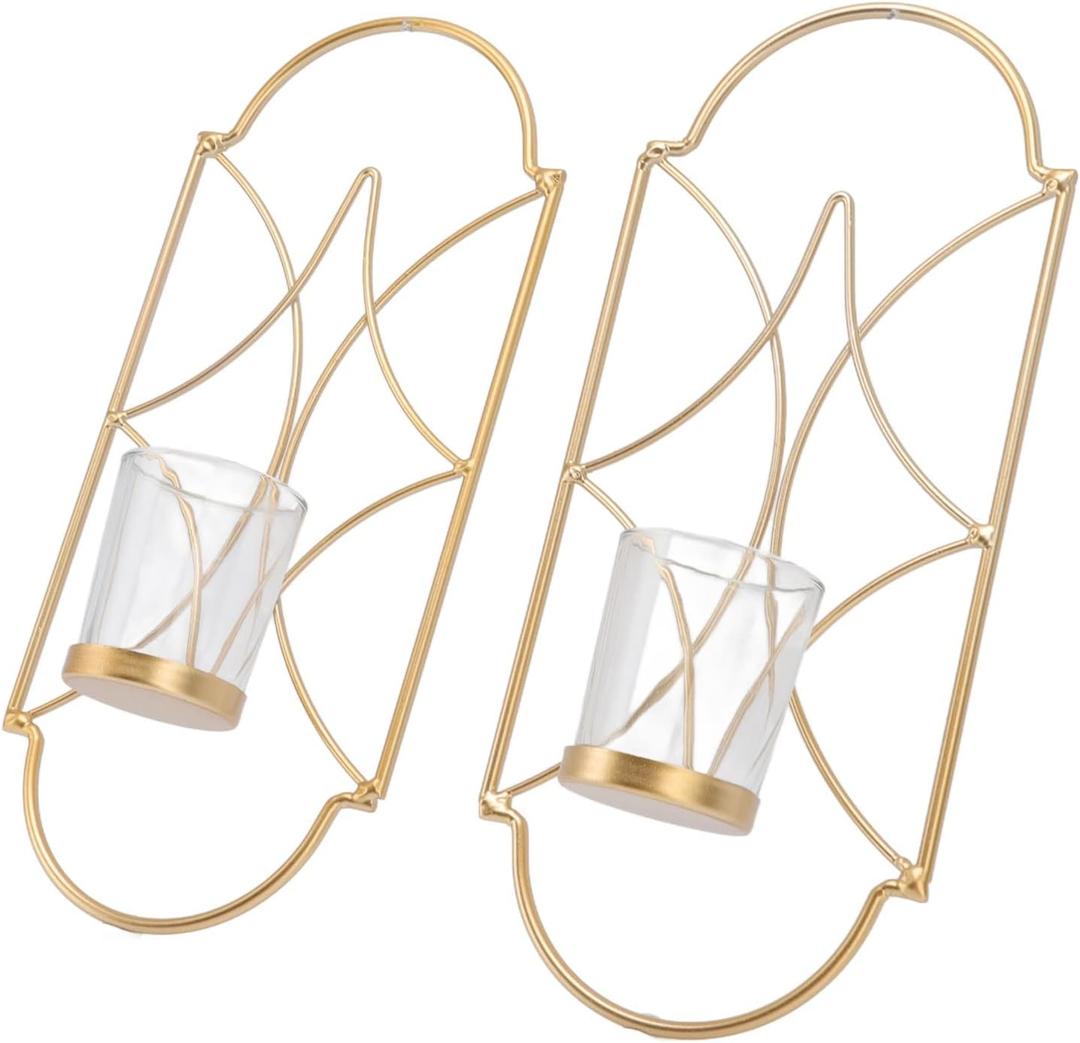 Wall Candle Sconces Holder Set of 2, Iron Candle Wall Sconces with Glass Candle Containers Antique Wall Art Decorations for Living Room, Bathroom, Dining Room and Office(Gold)