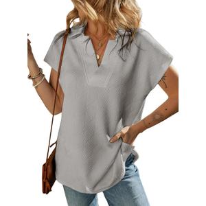 SHEWIN Womens Shirts Casual Collared Short Sleeve Polo Shirt Loose V Neck Ladies Top and Blouse Cute Summer Tops for Women 2024, Light Grey,(XXL)