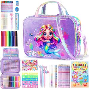 D-FantiX Mermaid Art Supplies Scented Washable Markers for Kids Ages 4-8, 63Pcs Arts and Crafts Kits with Convertible Bag, Travel Activity Drawing Stuff Coloring Set, Gift for 4-6-8-12 Year Old Girls