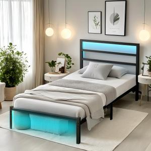 Twin Bed Frame with Headboard,Heavy Duty Steel Slats Support-LED Bed Frame with USB Charging Station,Mattress Foundation-Under Bed Storage,No Box Spring Needed,Noise FreeBlack