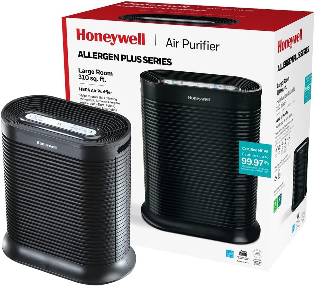 Honeywell AllergenPlus HEPA Air Purifier, Airborne Allergen Reducer for Large Rooms 1500 sq ft, Reduces Allergens, Smoke, Wildfire Smoke, Pollen, Pet Dander and More, Black, HPA200