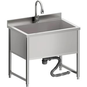 Stainless Steel Commercial Restaurant Sink, Freestanding Large Commercial Sink with Pull-out Faucet for Kitchen Dishwashing, Thawing, Pet Cleaning, Laundry Room, 35 Gallon, 23.6"D x 33.5"W x 36.8"H