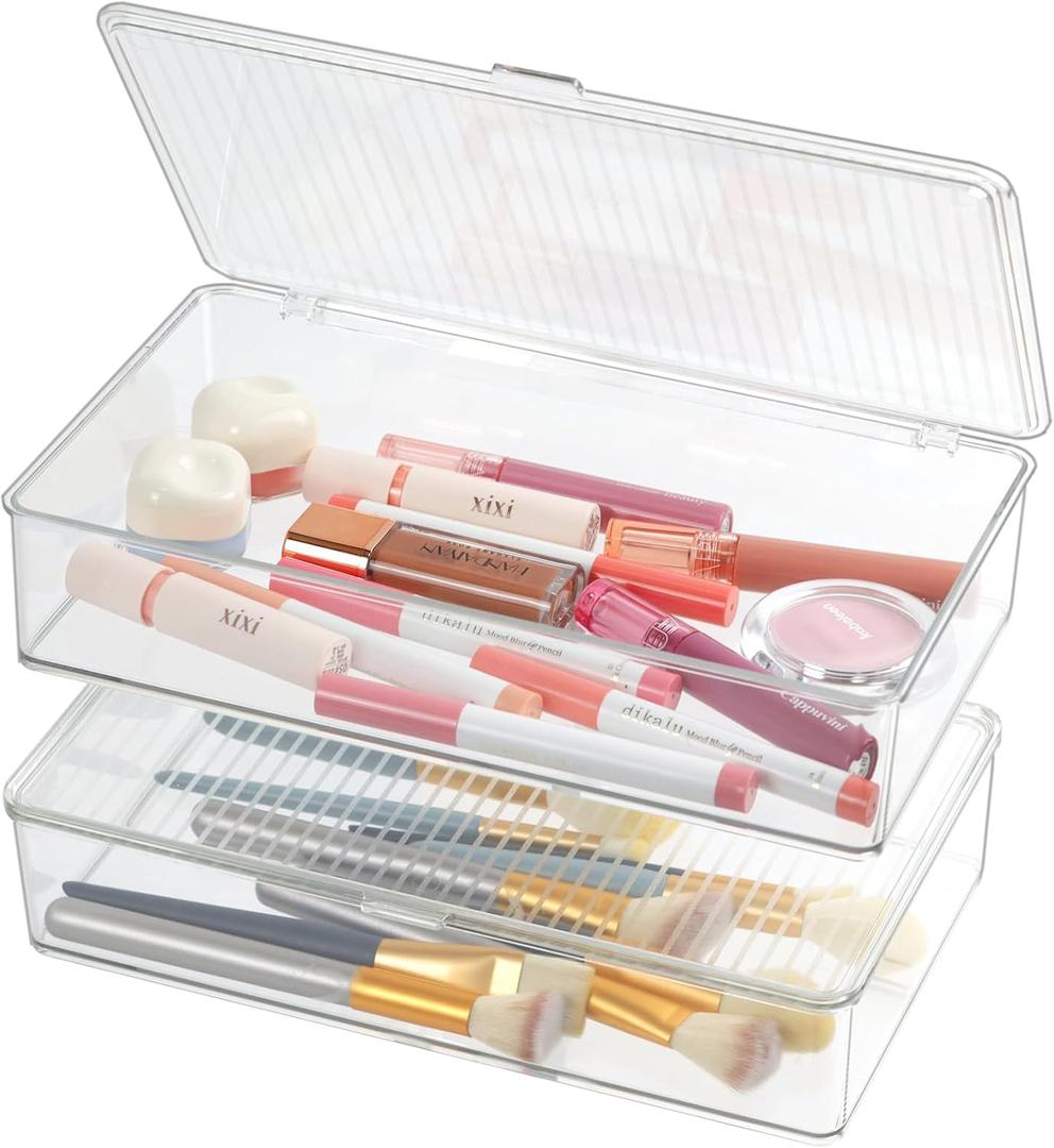 ZEXALOR Pack of 2 Clear Storage Bins with Lids, Small Storage Containers Boxes with Lids, Dresser Organizer, Tea Bag Organizer, Freezer Bin, Plastic Drawer Organizers (10.66.12.3)