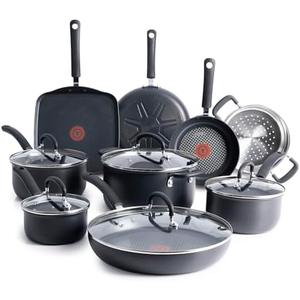 T-fal Ultimate Hard Anodized Nonstick Cookware Set 14 Piece, Oven Broiler Safe 400F, Lid Safe 350F, Kitchen Cooking Set w/Fry Pans, Saucepans, Griddle, Dutch Oven, Pots & Pans, Dishwasher Safe, Black