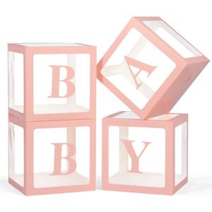 Baby Boxes with Letters for Baby Shower, 4 Transparent Balloon Boxes with Letters for Gender Reveal Birthday Wedding Baby Shower Decorations (Pink)