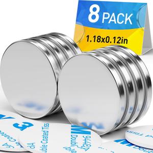 8Pack Neodymium Magnets Heavy Duty, Powerful Permanent Rare Earth Magnets, Super Strong Neodymium Disc Magnet with Double-Sided Adhesive for DIY, Building, Fridge, Craft, Office - 1.18D x 0.12H