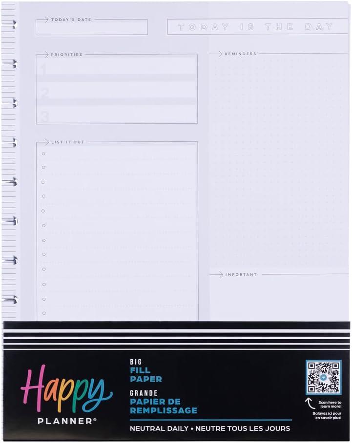 Happy Planner Undated Refill Paper for Planners and Journals, Neutral Lined Dashboard Layout Daily Notebook Planner Paper, Big Size, 100 Sheets 8 1/2" x 11"