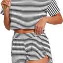 PrinStory Womens Pajama Sets Side Split Shorts Pj Set Cute Pjs 2 Piece Summer Lounge Sets FP-Black White Stripe-2XL