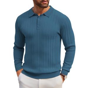 COOFANDY Men's Knit Polo Shirts Long Sleeve Casual Button Down Ribbed Polo Shirt Fashion Golf Shirts (XX-Large, Blue)