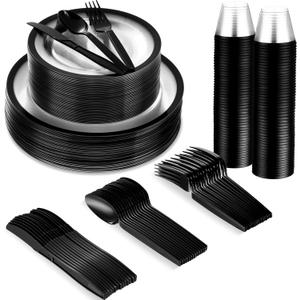 Norme 500 Pcs Disposable Plastic Dinnerware Set for 100 Guests, Disposable Dinnerware Set for Birthday Wedding Party of 100 Plastic Plates, 100 Plastic Cups, 100 Spoons, 100 Forks, 100 Knives(Black)