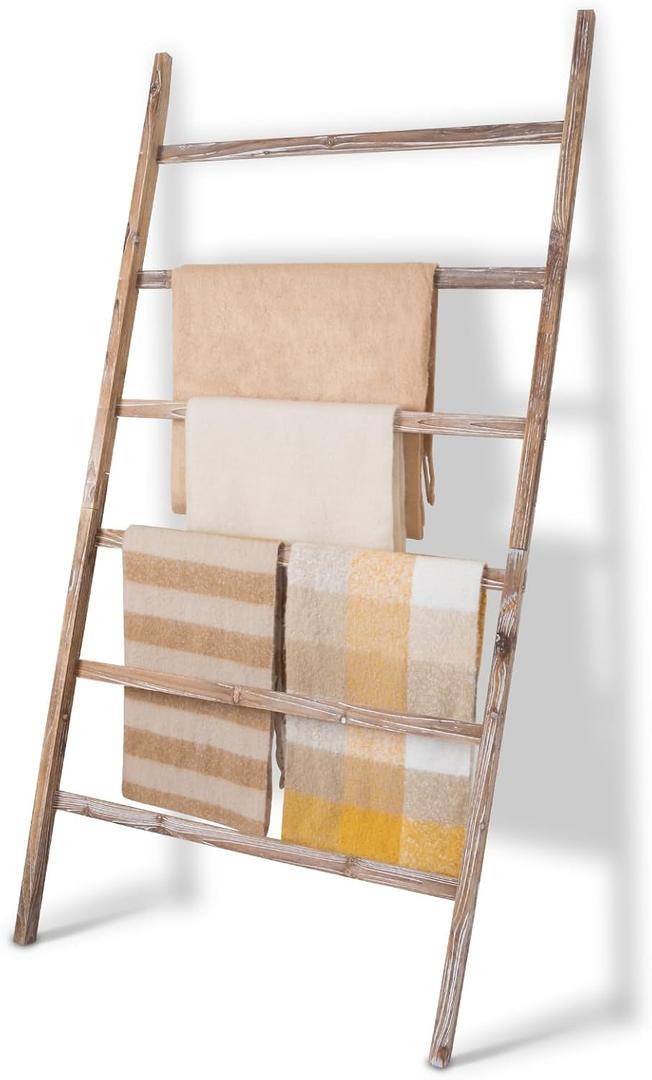 SwaaVee Quilt Ladder 6-Tier Towel Rack, Wooden Decorative Blanket Ladder Shelf for Home Decor, Wall Leaning Farmhouse Quilt Display Towel Holder Organizer for Living Room, Bathroom (38" Wide)