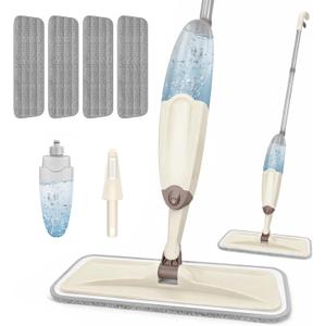 HOMTOYOU Wet Mop for Floor Cleaning: Spray Mop for Multi-Surface Floors | Wet Dry Use, 4 Pcs Microfiber Washable Pads, 400+ML Refillable Bottle, 360° Swivel Head, Beige
