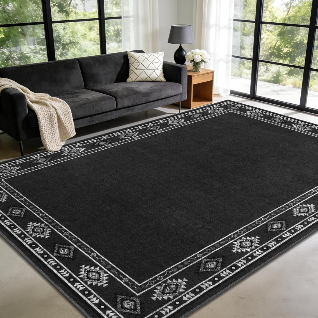 Large Geometric Area Rugs for Living Room Bedroom 6x9 Dark Grey Rug | Ultra Soft Washable Non Slip Stain Resistant Modern Low Pile Indoor Bordered Carpet for Nursery Home Decor Solid Aesthetic