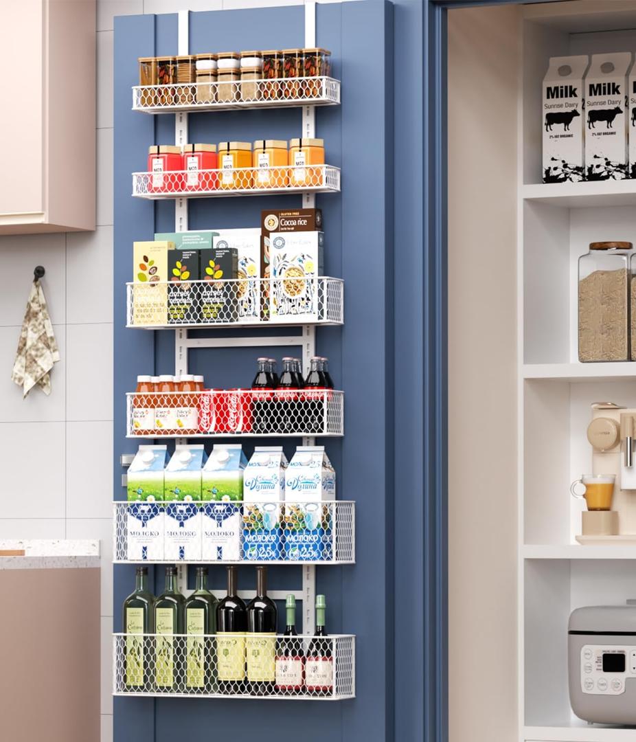 Bunoxea 6-Tier Over The Door Pantry Organizer,Hanging Spice Rack with Adjustable Basket,Over Door Racks,Pantry Organization And Storage, Laundry Room,Bathroom,Large Capacity,D5.3xW15.7xH60.9in (Pure White)