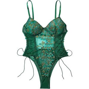 Lilosy Women Sexy Lace Up Floral Embroidered Teddy Lingerie Bodysuit Top Mesh Sheer One Piece (Green, XL)