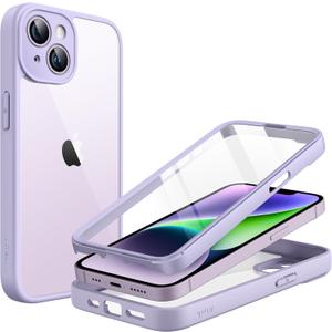 JETech Case for iPhone 14 6.1-Inch with Built-in Tempered Glass Screen Protector, Camera Full Cover All-Around Protection, Shockproof Bumper Phone Cover Clear Back, HD Film (Light Purple)