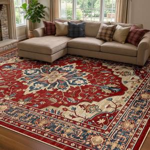 RELEANY Area Rugs 8'x10' Washable Non-Slip, Floral Vintage Distress Print Pattern Medallion Carpet for Living Room Bedroom Dining Room, Red and Blue