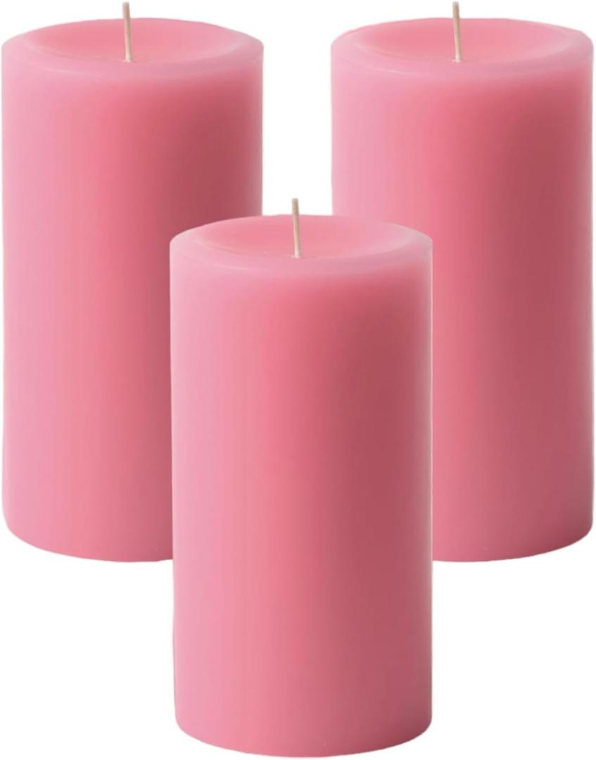 Mister Candle Dripless Unscented Pillar Candles, Set of 3 Hand Poured Pink Pillar Candles, Solid Color Non-Scented Candles for Home Decor, Premium Wax, 80 Hr Burn Time, 3x6 Inch