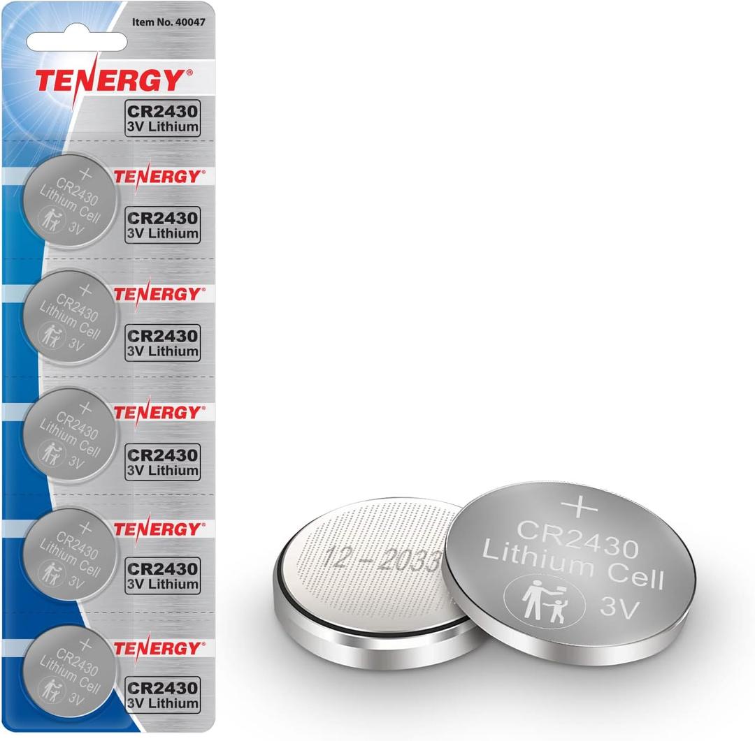 Tenergy CR2430 Battery, 3V Lithium Coin Battery for Car Key Fob, Car Remote, Calculators, Thermometers and More, 5 Count