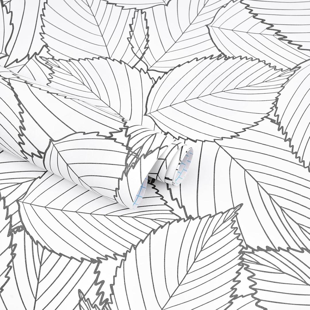 Gray Leaf Peel and Stick Wallpaper Leaf Removable Self Adhesive Wallpaper 17.7"x393.7"Gray and White Leaves Contact Paper Waterproof Vinyl Wall Paper for Wall Cabinet Shelf Drawer Liner