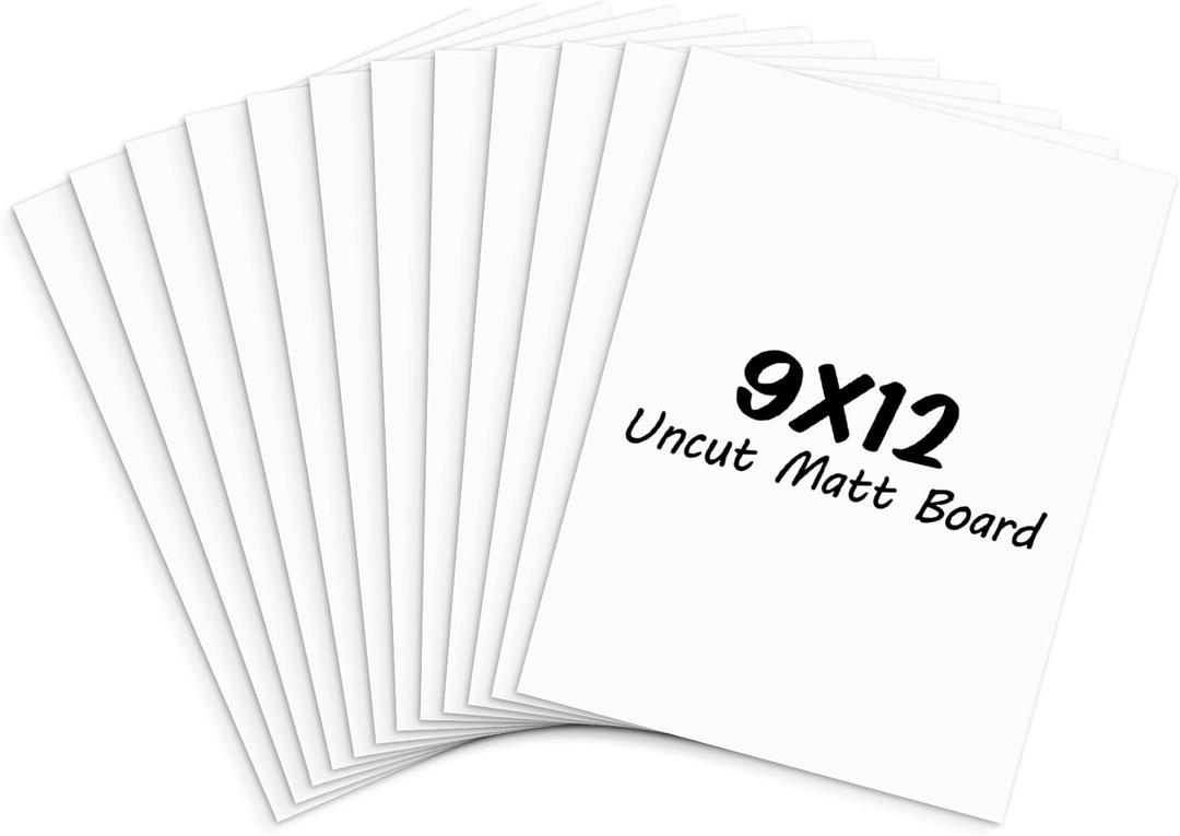 Frametory, Pack of 12 9x12 Uncut Matt Boards, White Backing Mat Boards for Frames, Pictures, Prints, Crafts
