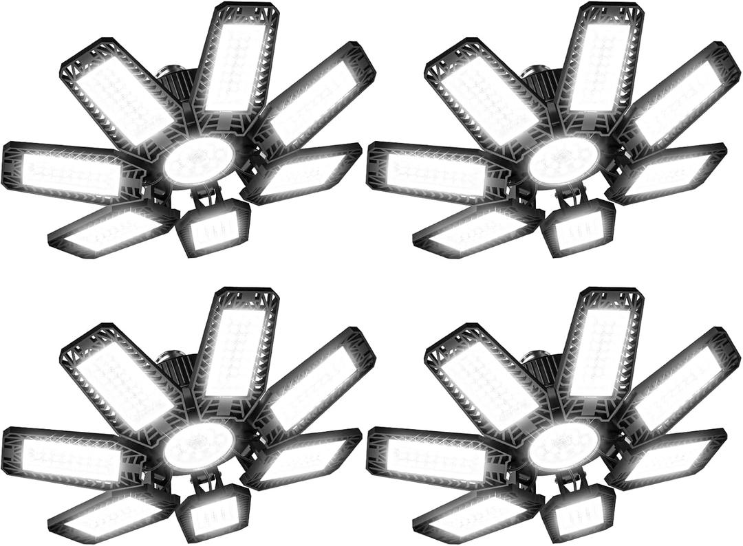 LED Garage Light 4 Pack - 200w 20000LM 6500K Garage Lights Ceiling LED with 7+1 Adjustable Panels, Shop Lights Screw in E26 E27 Bulb Socket for Workshop, Storage Room, Basement, Warehouse