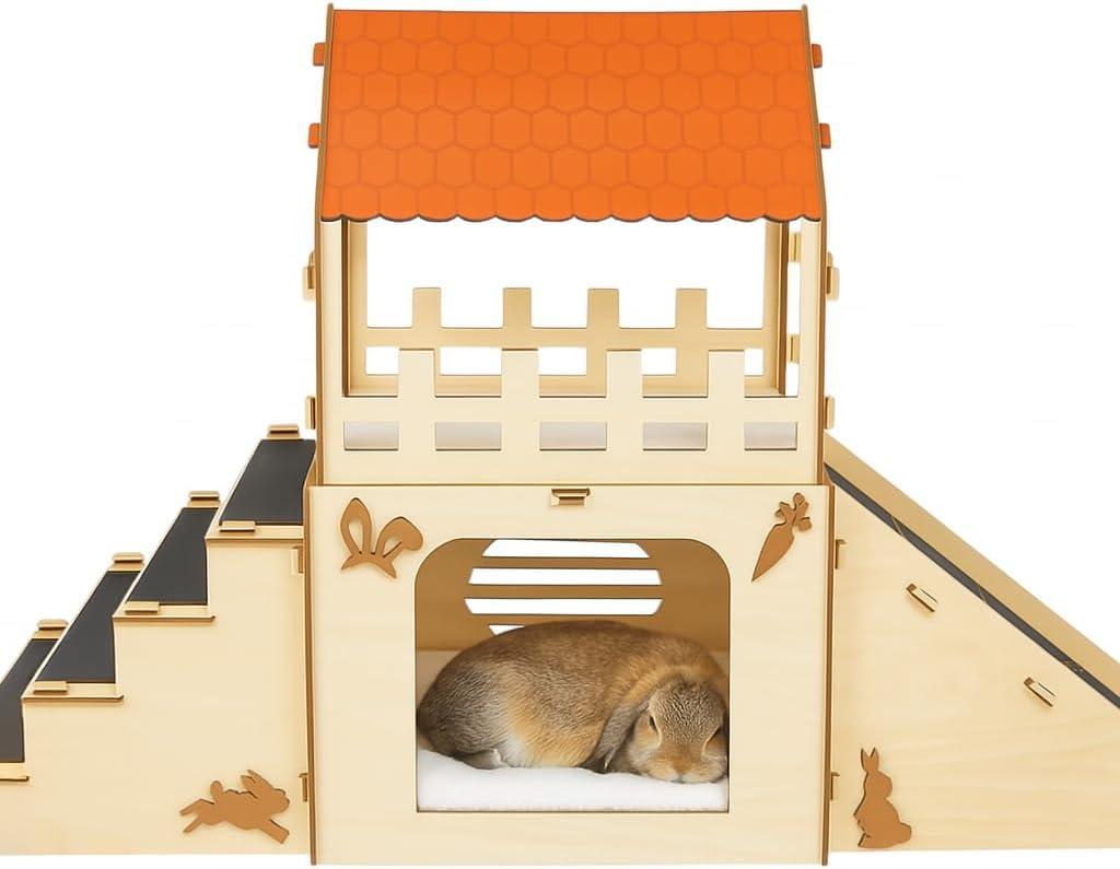 OtterPets Extra Large Bunny Hideout, Cozy Rabbit Castle with Fleece Mats, Wooden Rabbit Hideout, Bunny House Indoor Indoor, Chinchilla, Guinea Pig House (Pet Safe Wood Joints)