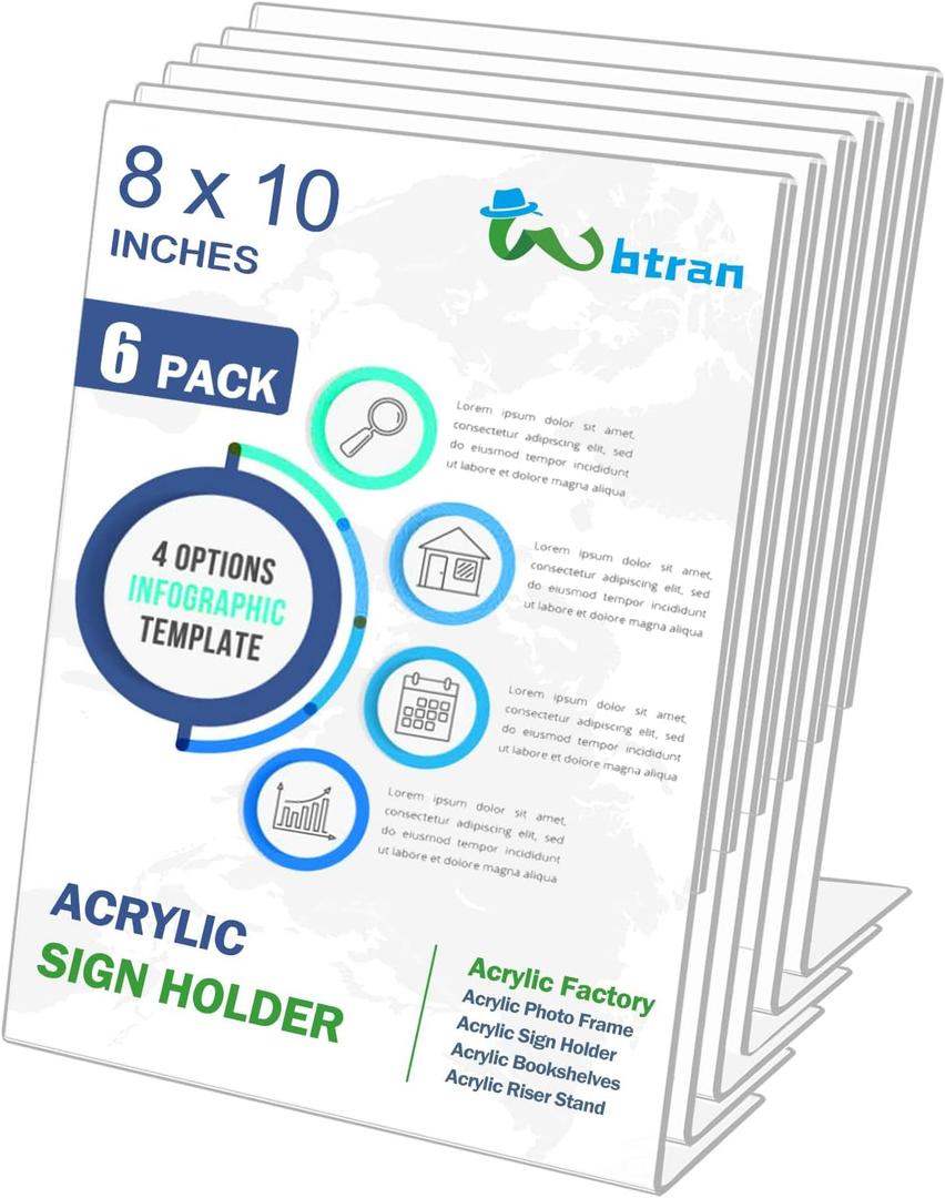 Wbtran Slanted Back Acrylic Sign Stands 8 x 10, Clear Tabletop Display, Plastic Paper Sign Holder for Office, Home, Restaurant (6 Pack)