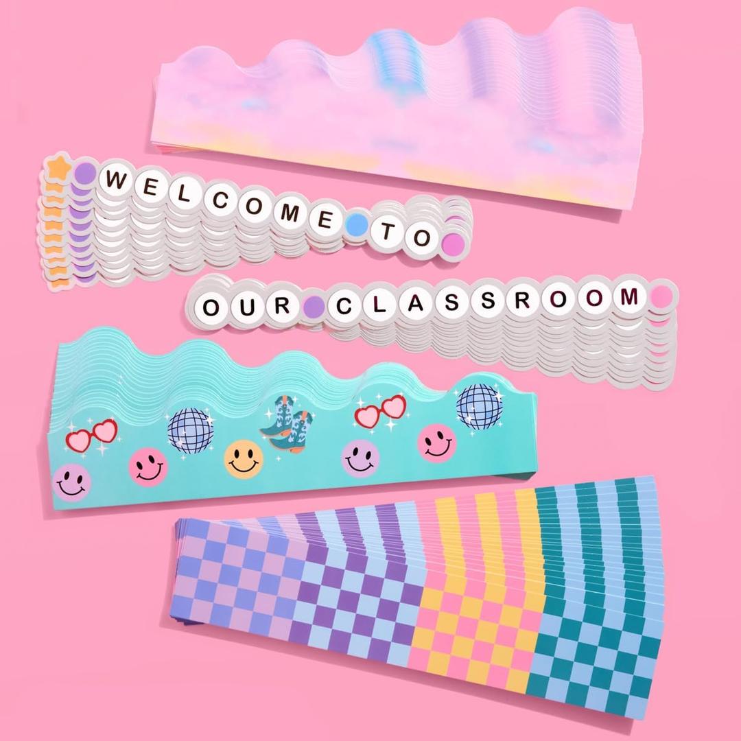 3 x xo, Fetti Bulletin Board Trim Set, 103 feet, 88 Pieces | Chalkboard Border, Classroom Decorations, Pastel School Sign, Friendship Bracelet Banner, Teacher Supplies