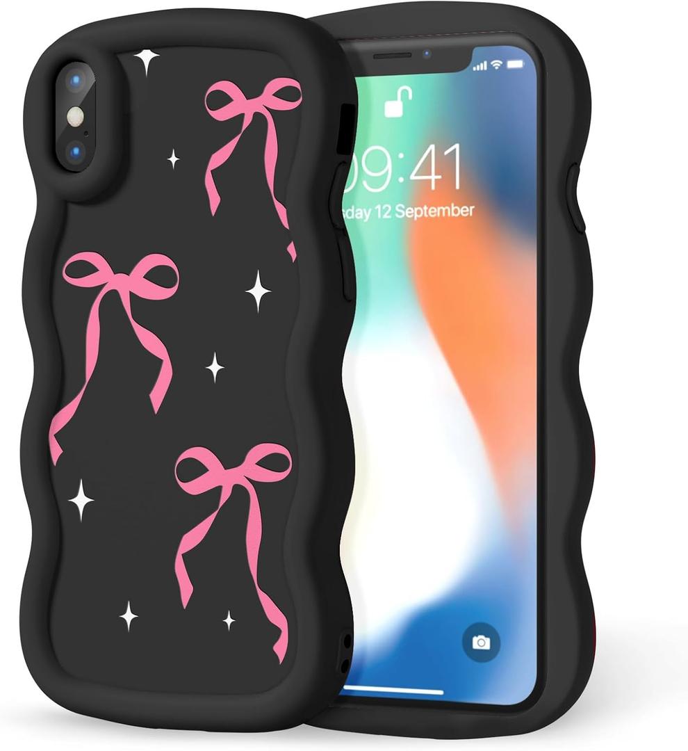 Compatible with iPhone X/iPhone Xs Case for Women Girls, Curly Wavy Frame with Cute Pattern, Aesthetic Slim Soft Silicone TPU Bumper Shockproof Phone Case for iPhone X/XS - Bow Sparkle