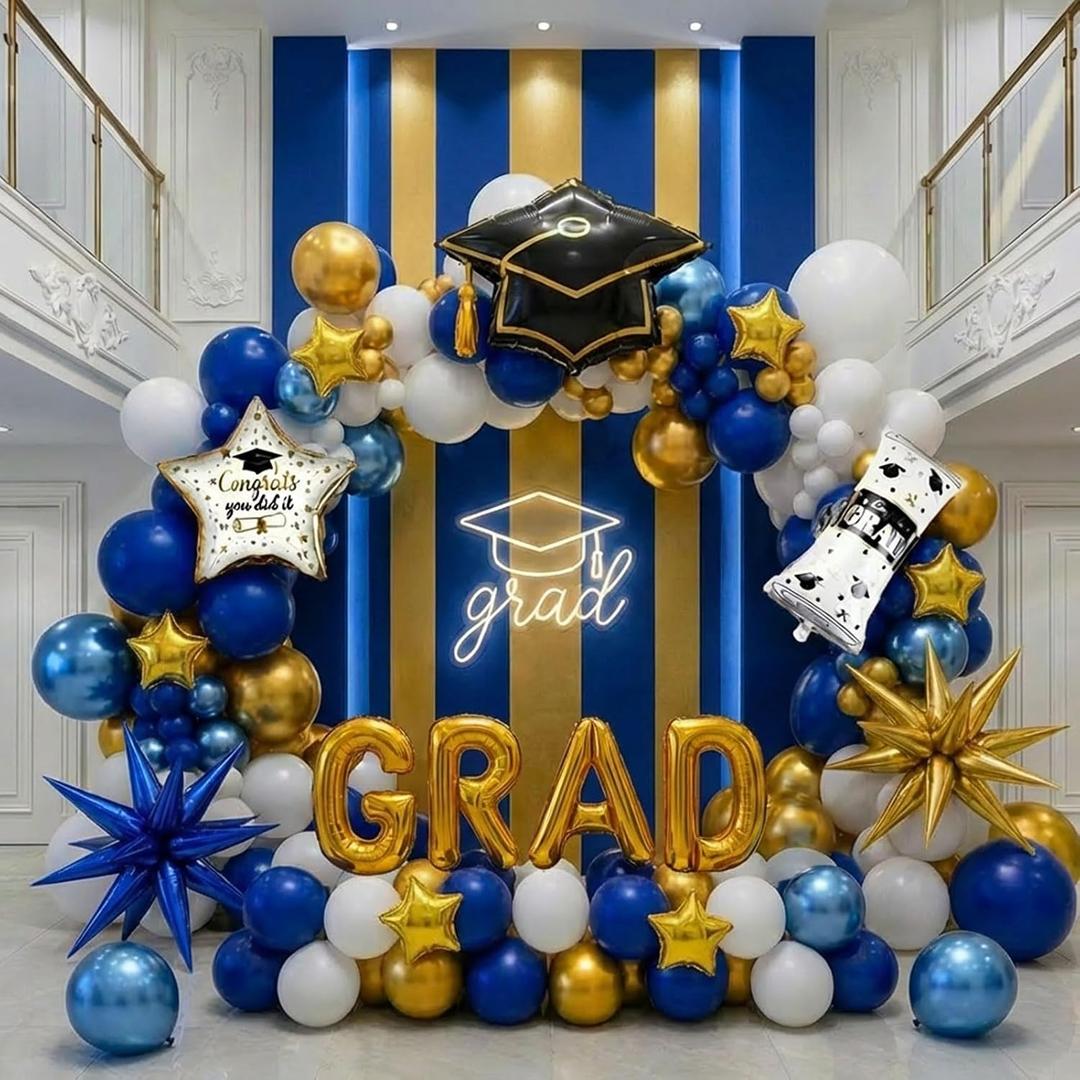 Blue White Gold Graduation Balloon Garland Arch Kit with Graduation Star print Certificate Letter Foil Balloons for Graduate Class of 2026 Grad Prom party Decorations Supplies (Blue White), 16 inches