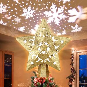 Christmas Tree Topper Projector, LED Star Tree Topper Lighted, Glitter Gold Star Topper Projector with Rotating Snowflake Projection for Indoor Christmas Tree Decor, Xmas Decorations