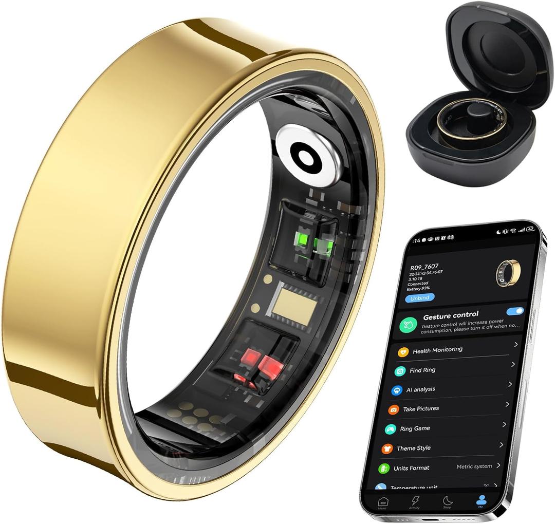 Smart Ring for Women Men, Fitness Tracker Ring with Body Temperature, Heart Rate, Blood Oxygen, Sleep Monitor, Calories, No Subscription Fee, IP68 Waterproof for iPhone & Android (Gold, #12)