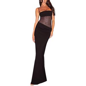 GRMLRPT Women Sexy Lace Patchwork Maxi Dress Bodycon Y2K Long Dress Spaghetti Straps Hollow Out Summer Club Nightout Cocktail Dresses, Black, S