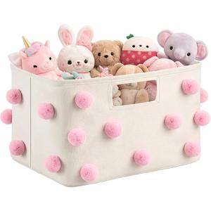 Pink Pom Pom Storage Basket 15 x 10.2 x 9.8 Inch Coquette Collapsible Cotton Canvas Basket Blanket Baskets Toy Storage Bin for Nursery Playroom Home Pink Room Organizer Decor