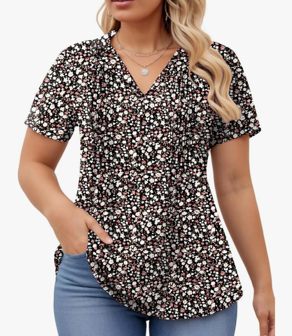 ROSRISS Plus-Size-Womens-Summer-Tops Casual Polo V Neck Work T Shirts Cute Flowy Pleated Blouses Trendy Short Sleeve Tunics 5XL