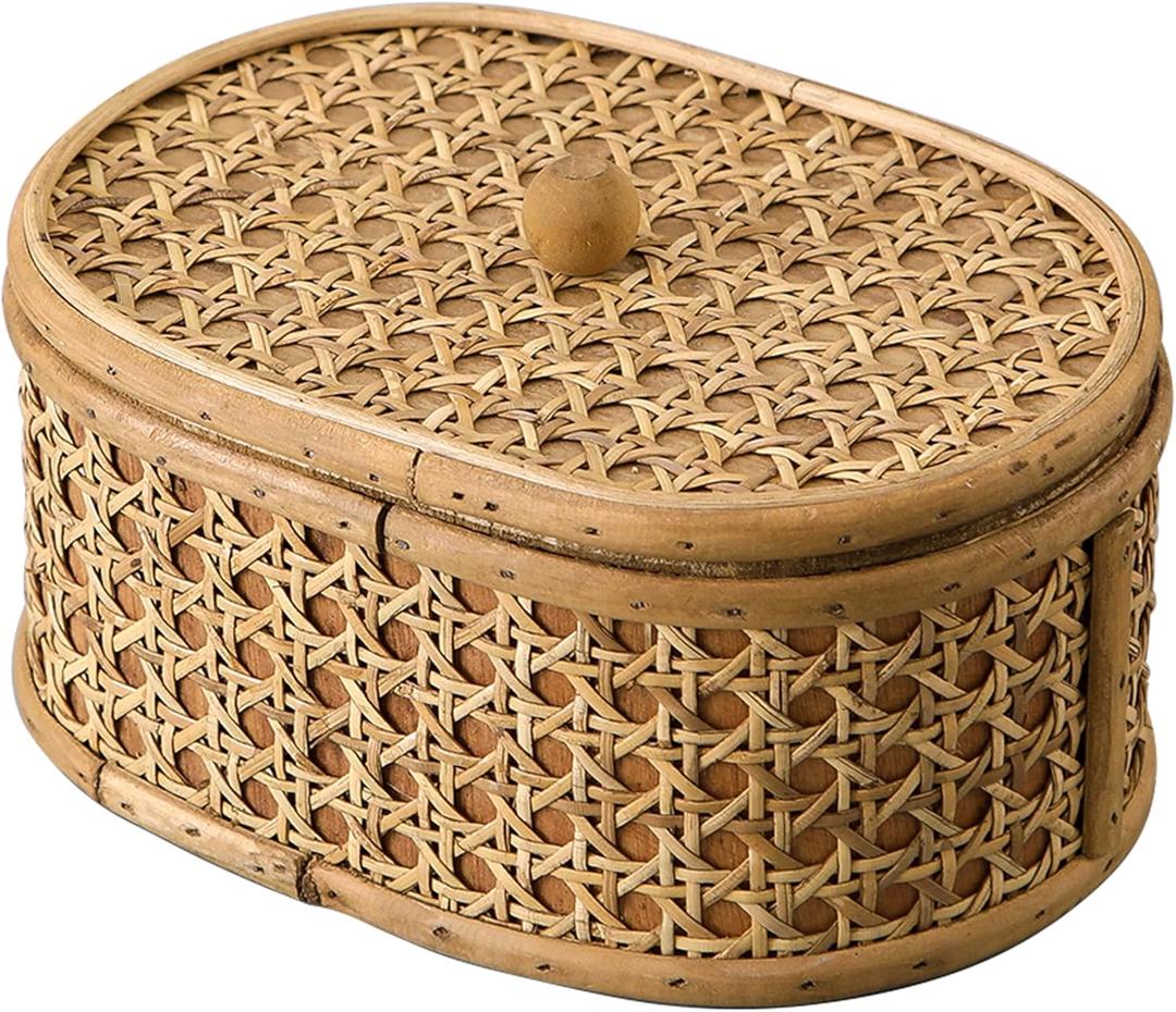 SOFE Rattan Decorative Box with Lid, Small Oval Box for Storage, Hand-Woven Display Boxes for Organizing Jewelry, Candies, Snacks, Keys, Farmhouse & Boho & Modern Home Decor, Dresser Decor (Classic Brown)
