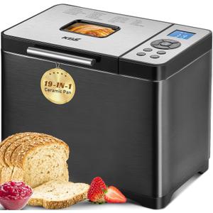 KBS 2LB Bread Maker, 19-in-1 Automatic Bread Machine Stainless Steel with Ceramic Pan,15H Timer&1H Keep Warm, Sourdough, Gluten-Free, 650W Bread Maker Machine with 3 Loaf Sizes 3 Crust Colors, Recipes