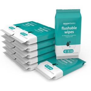 Amazon Basics Flushable Adult Toilet Wipes, Fragrance Free, FSC-Certified, Advanced Flushable Technology, 504 Count (12 Packs of 42)