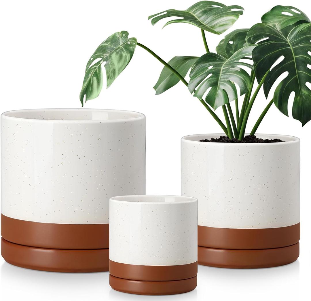 vancasso Ceramic Pots for Plants, Plant Pots for Indoor Plants, 6.25+8.25+10.25 Inch Ceramic Planters, Flower Pots with Drainage Holes, Planters Pot for Indoor House Plant, Set of 3, Khaki (Reactive Glaze White)