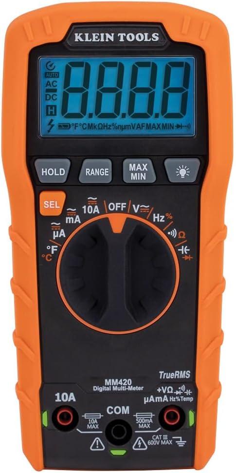 Klein Tools MM420 Digital Multimeter, Auto-Ranging TRMS Multimeter, 600V AC/DC Voltage, 10A AC/DC Current, 50 MOhms Resistance