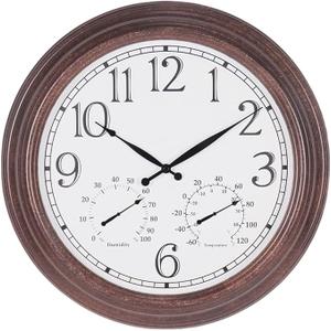 BESTIME Three-in-one Metal Wall Clock. Indoor, Outdoor, Thermometer, Hygrometer, Weather Resistant, Garden, Lanai. (Antique Red Copper, 18.5-Inch)