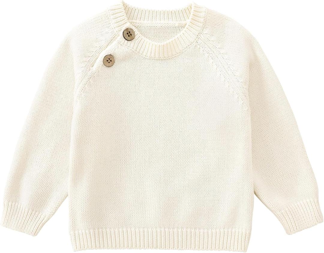 Pureborn Baby Toddler Boys Girls Pullover Sweater Cotton Knit Button Closure Sweaters (6-12 Months, Cream)