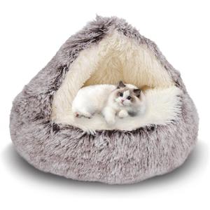 ShinHye Cozy Cat Bed - Round Plush Fluffy Hooded Cave, Indoor/Outdoor, Waterproof & Washable (20x20inch, Coffee)